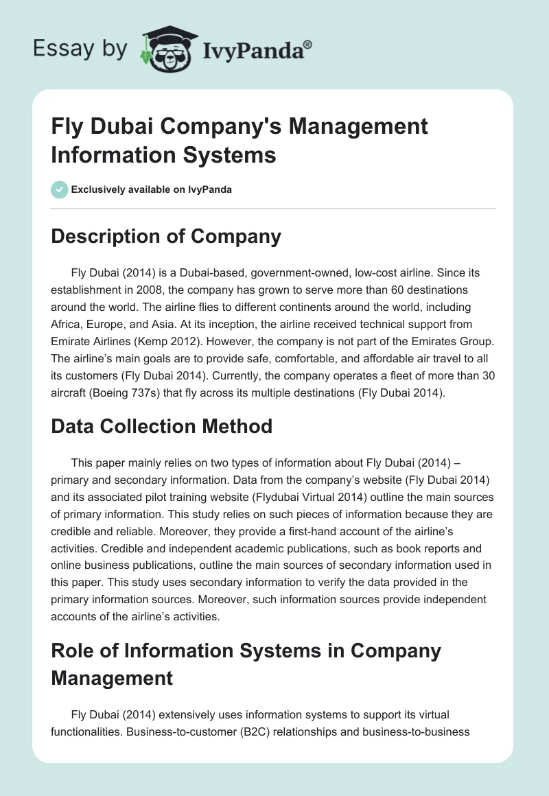 Fly Dubai Company's Management Information Systems. Page 1