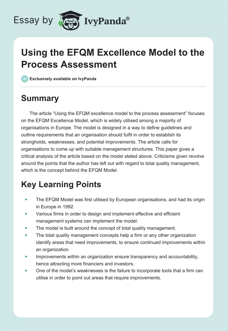 Using the EFQM Excellence Model to the Process Assessment. Page 1