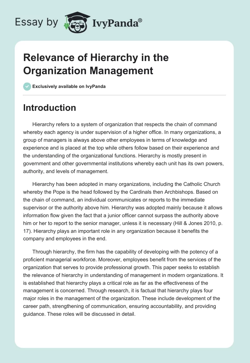 Relevance of Hierarchy in the Organization Management. Page 1