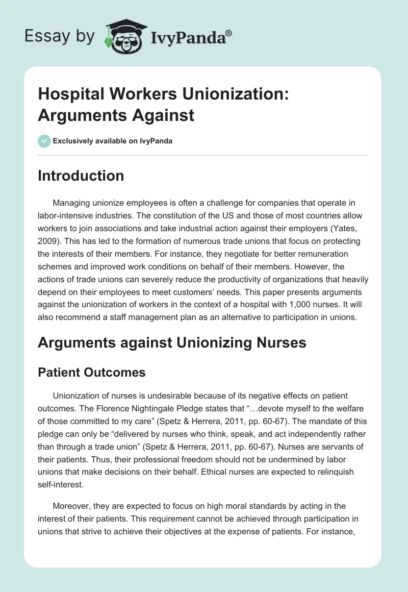 Hospital Workers Unionization: Arguments Against. Page 1