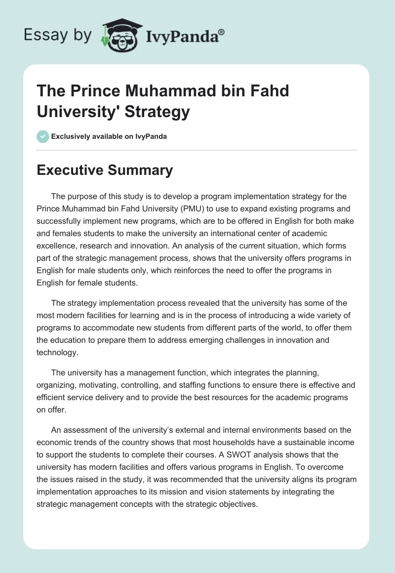 The Prince Muhammad bin Fahd University' Strategy. Page 1