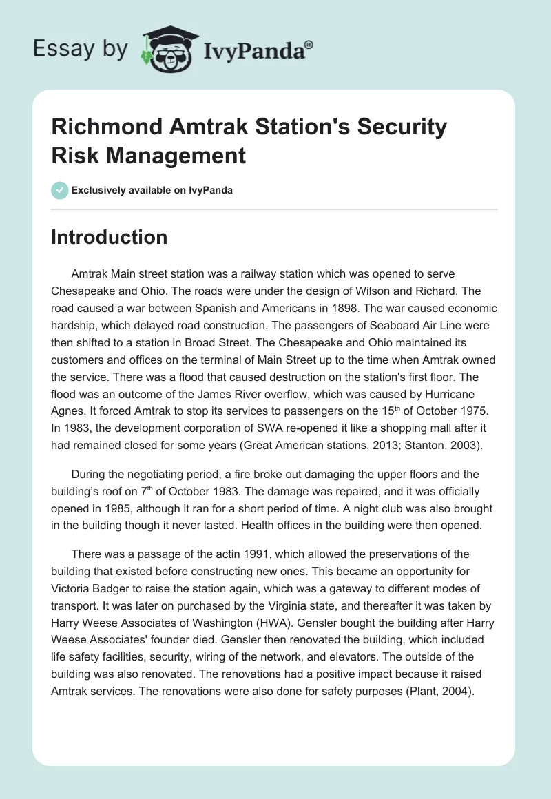 Richmond Amtrak Station's Security Risk Management. Page 1