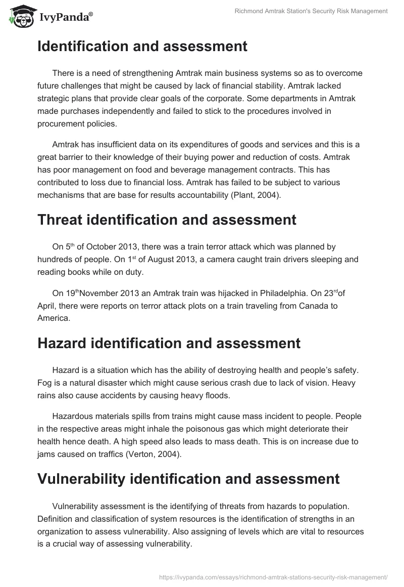Richmond Amtrak Station's Security Risk Management. Page 2