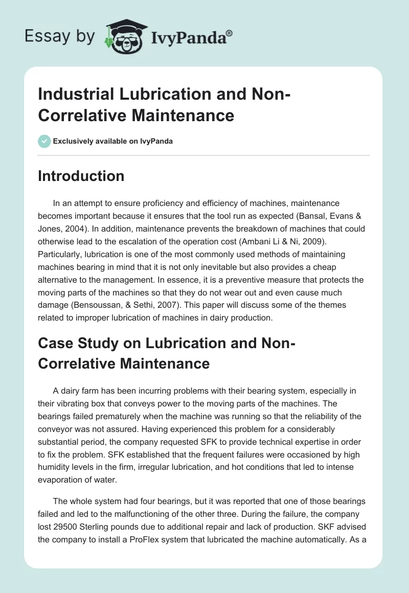 Industrial Lubrication and Non-Correlative Maintenance. Page 1