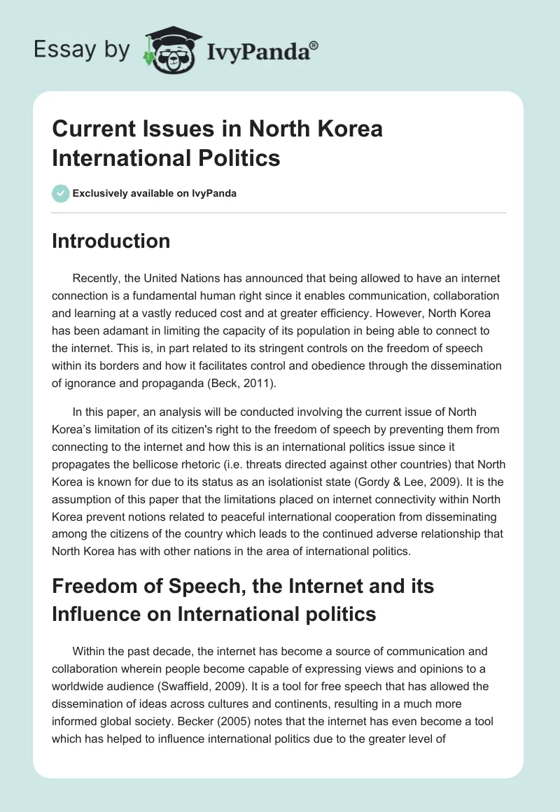 Current Issues in North Korea International Politics. Page 1