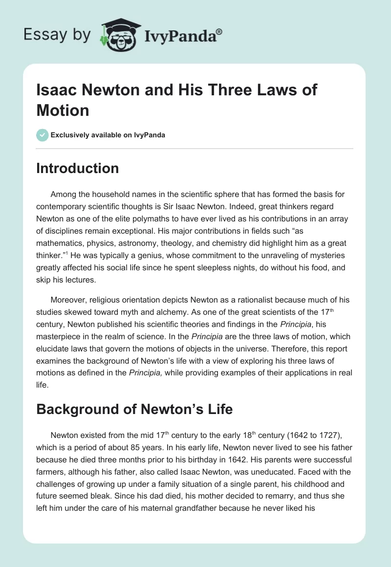 Isaac Newton and His Three Laws of Motion. Page 1