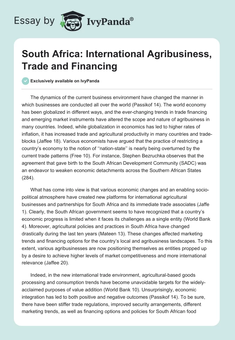 South Africa: International Agribusiness, Trade and Financing. Page 1