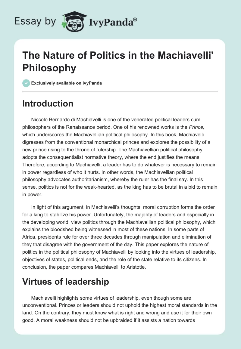 The Nature of Politics in the Machiavelli' Philosophy. Page 1