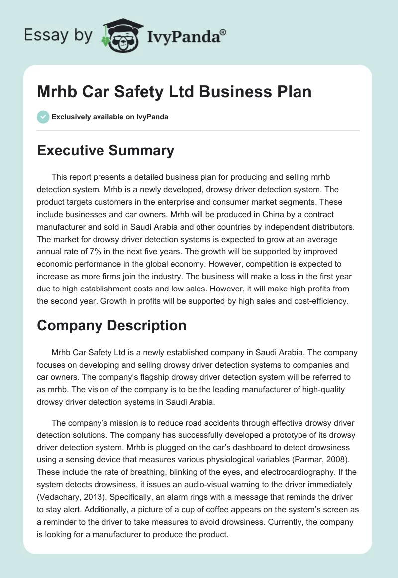 MRHB Car Safety Ltd Business Plan. Page 1