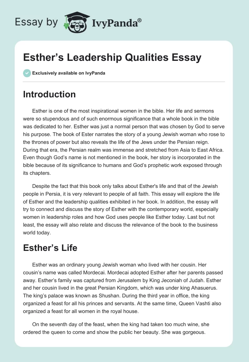 Esther’s Leadership Qualities Essay. Page 1