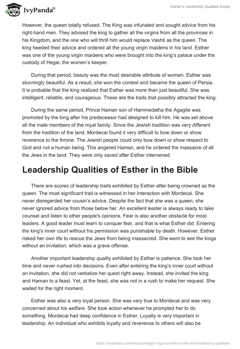 Esther’s Leadership Qualities Essay. Page 2