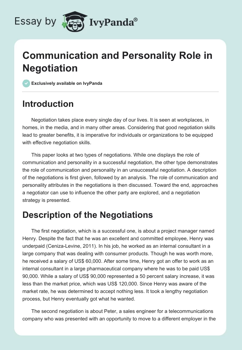 Communication and Personality Role in Negotiation. Page 1