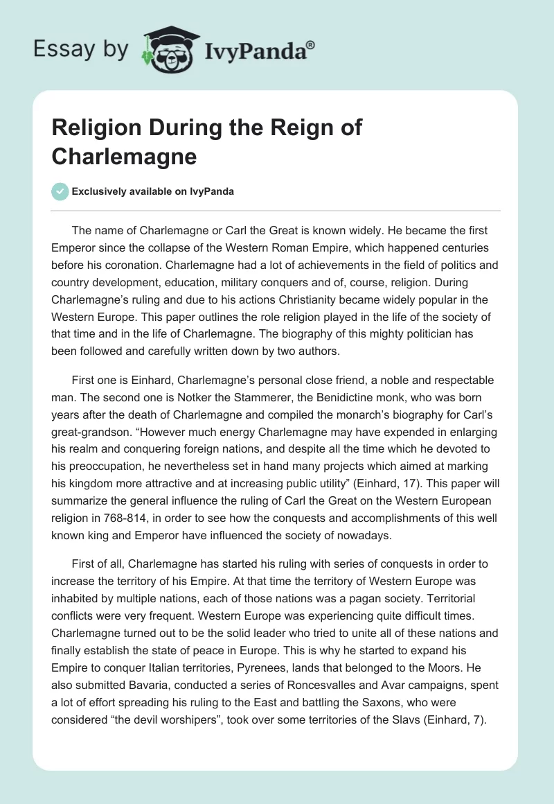 Religion During the Reign of Charlemagne. Page 1