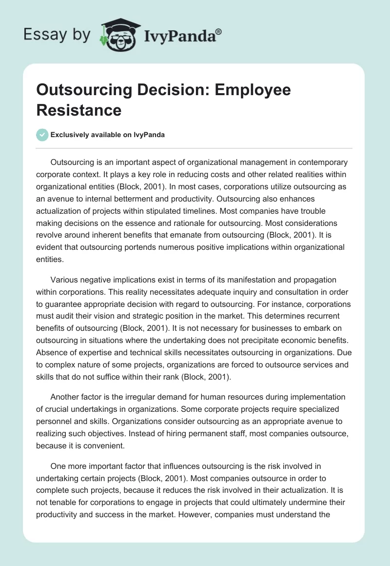 Outsourcing Decision: Employee Resistance. Page 1