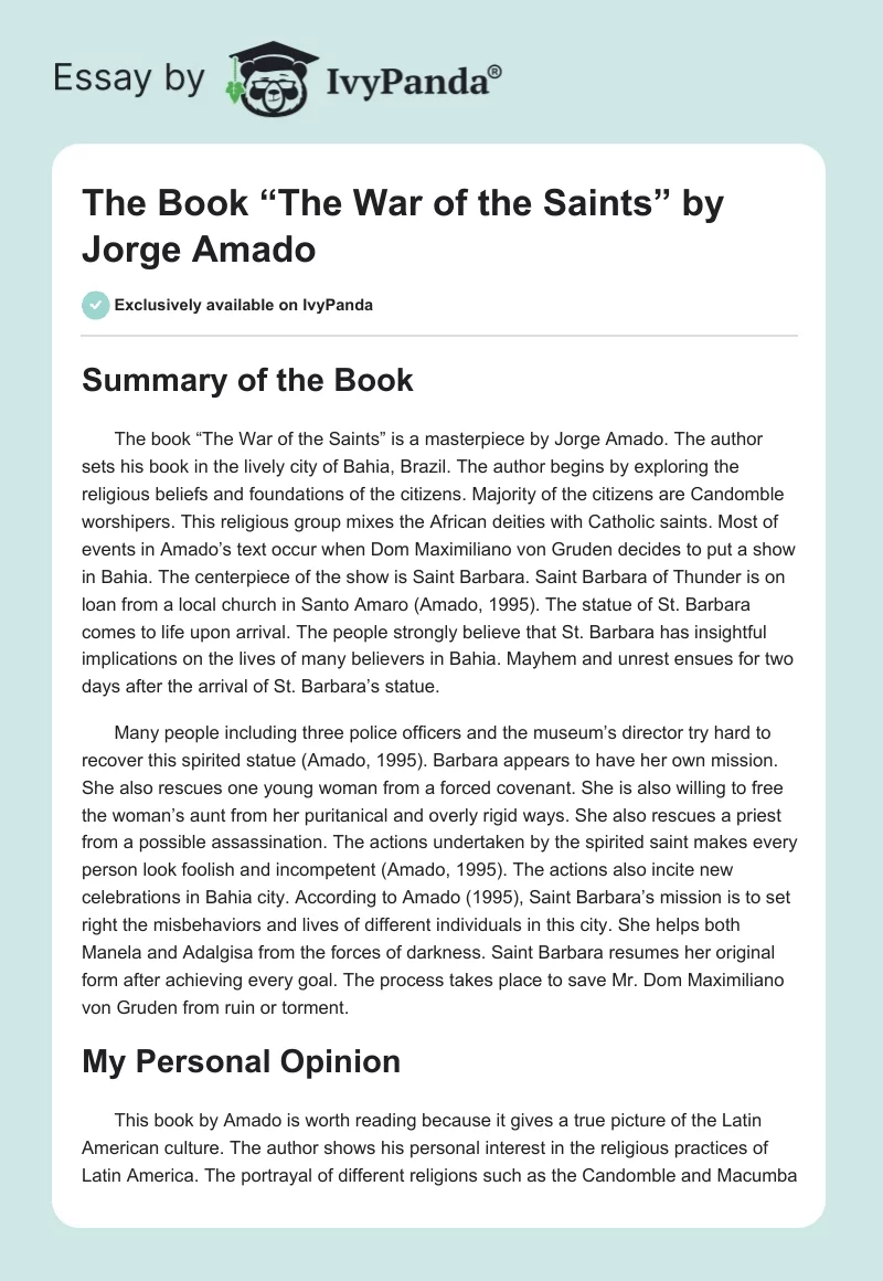 The Book “The War of the Saints” by Jorge Amado. Page 1