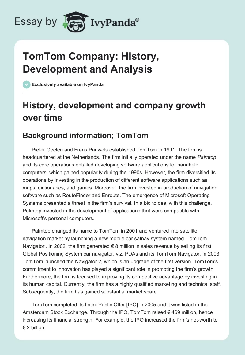 TomTom Company: History, Development and Analysis. Page 1