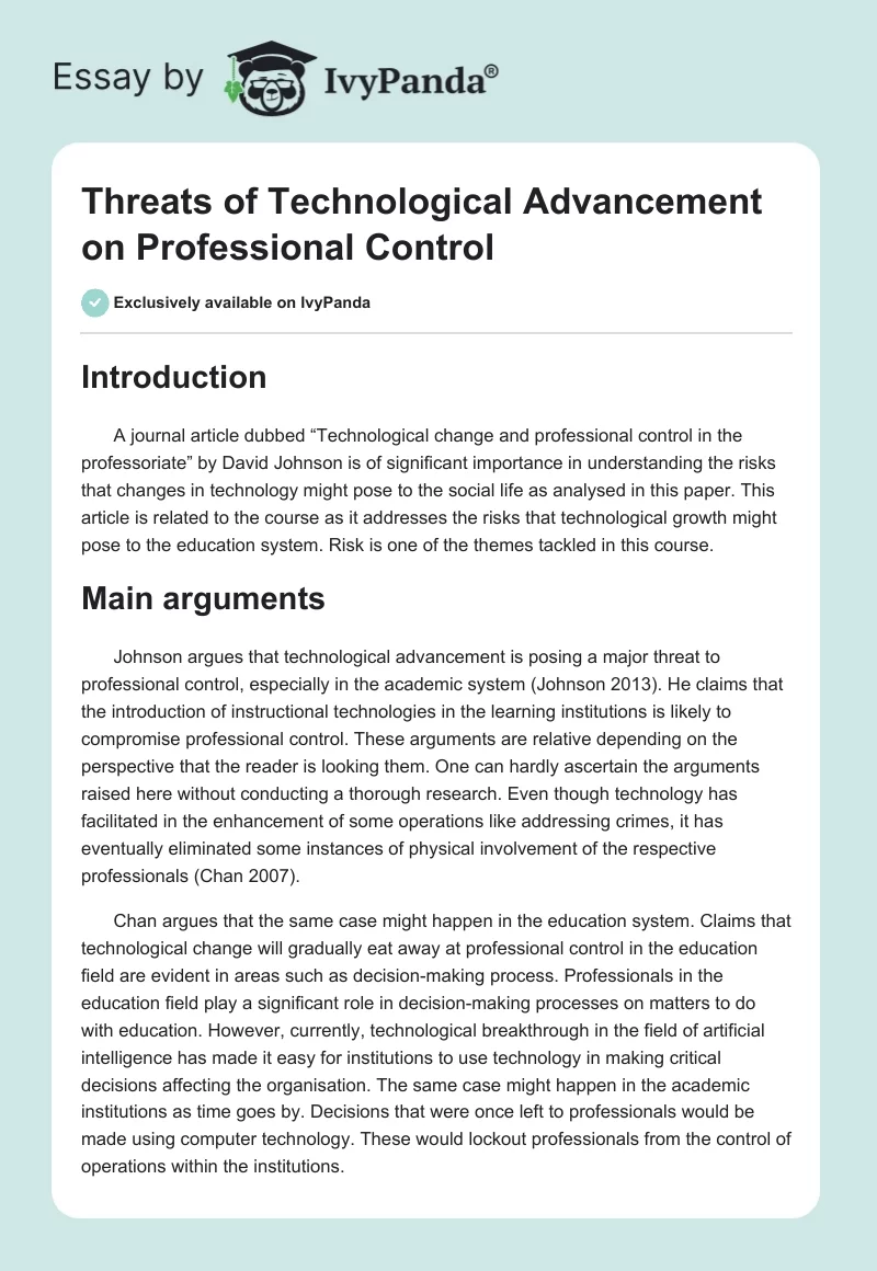 Threats of Technological Advancement on Professional Control. Page 1