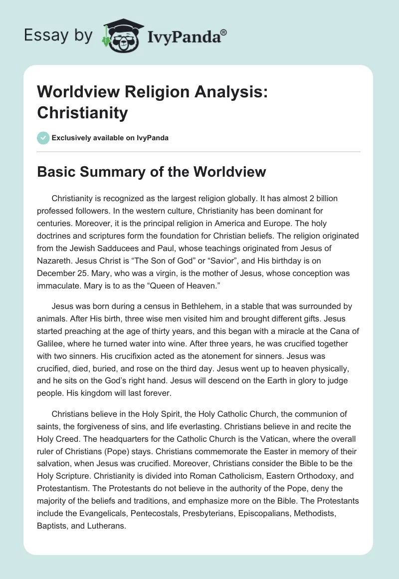 Worldview Religion Analysis: Christianity. Page 1