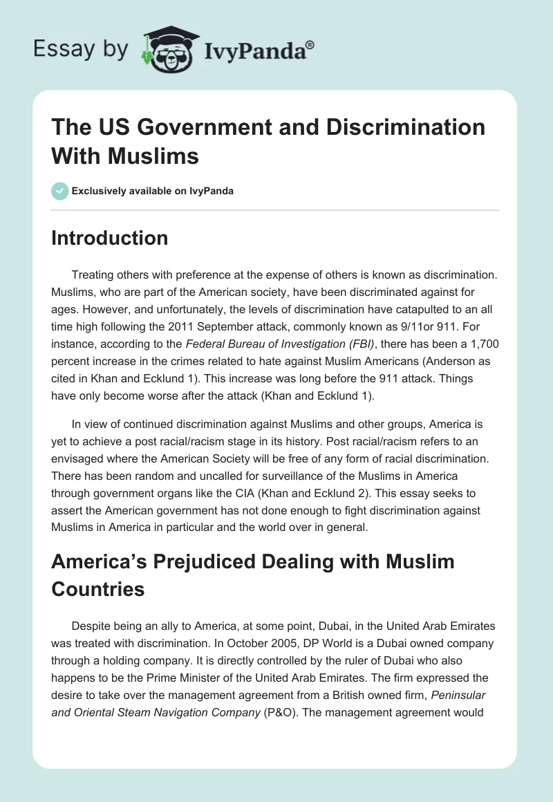 The US Government and Discrimination With Muslims. Page 1