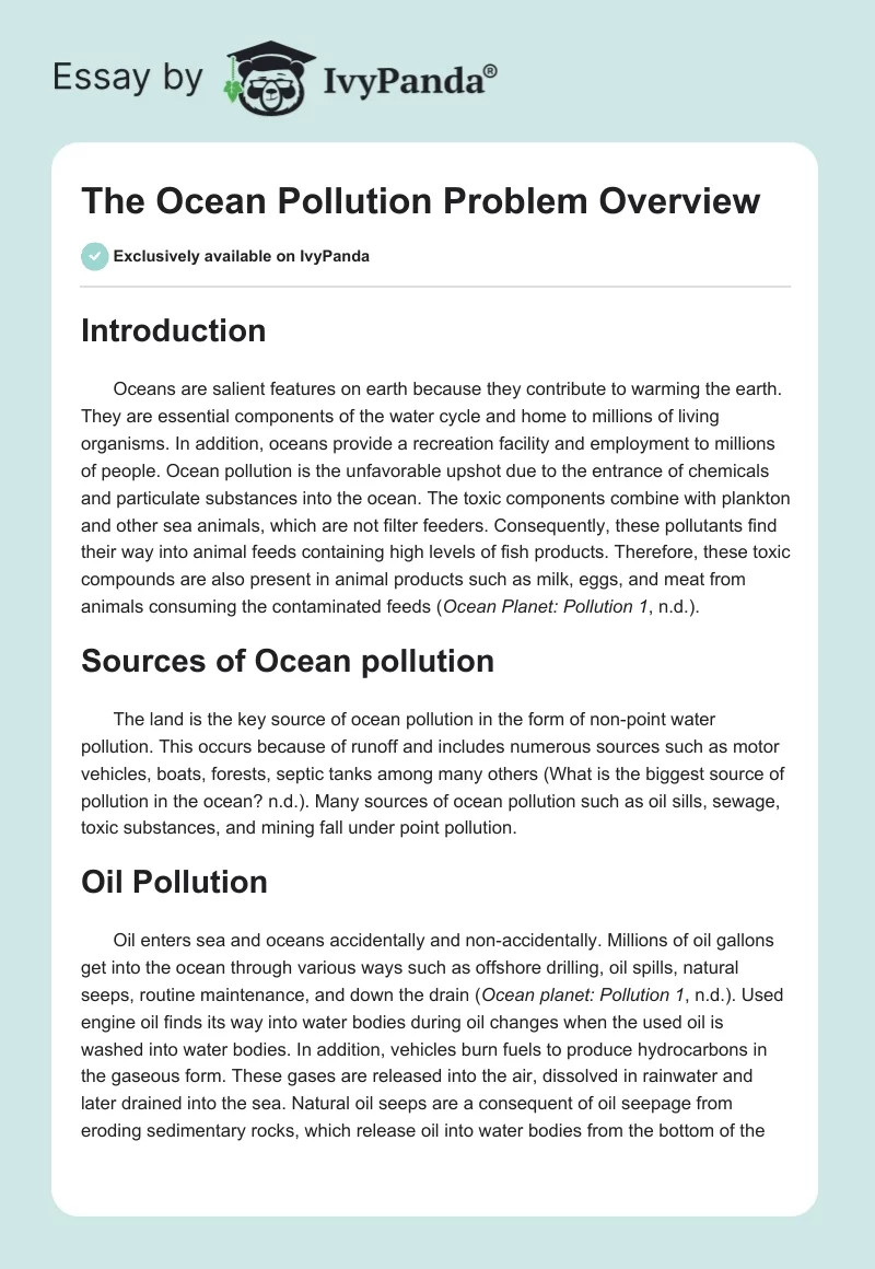 The Ocean Pollution Problem Overview. Page 1