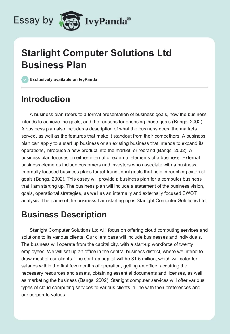 Starlight Computer Solutions Ltd Business Plan. Page 1