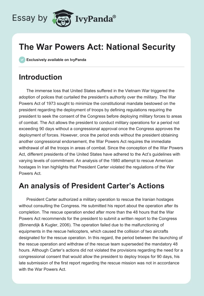The War Powers Act: National Security. Page 1