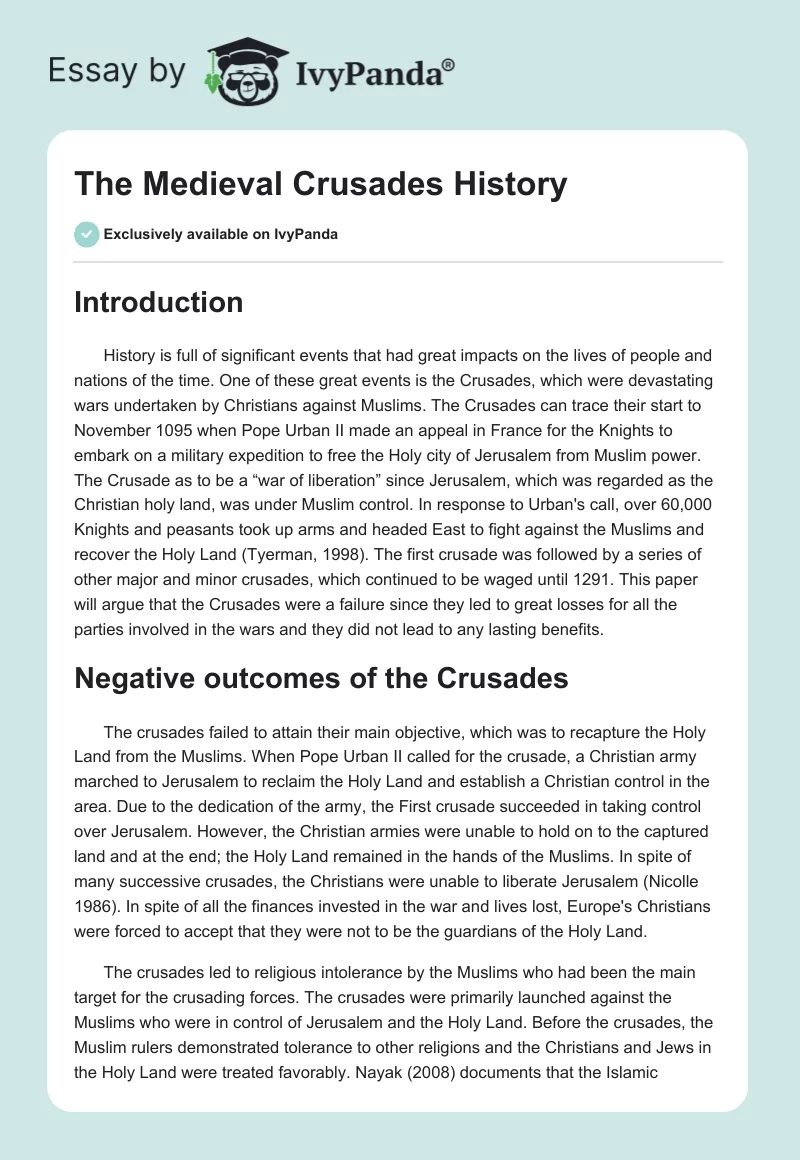 The Medieval Crusades History. Page 1