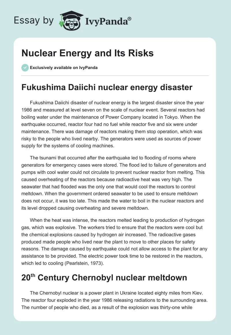 Nuclear Energy and Its Risks. Page 1