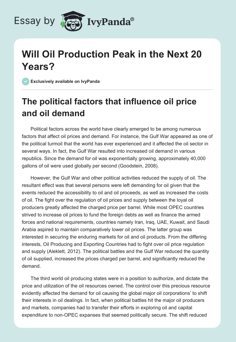 Will Oil Production Peak in the Next 20 Years?. Page 1