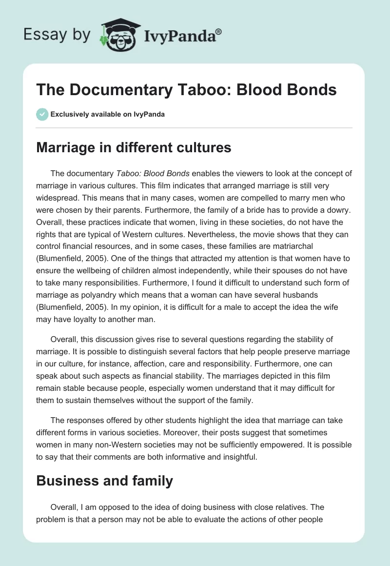The Documentary "Taboo: Blood Bonds". Page 1
