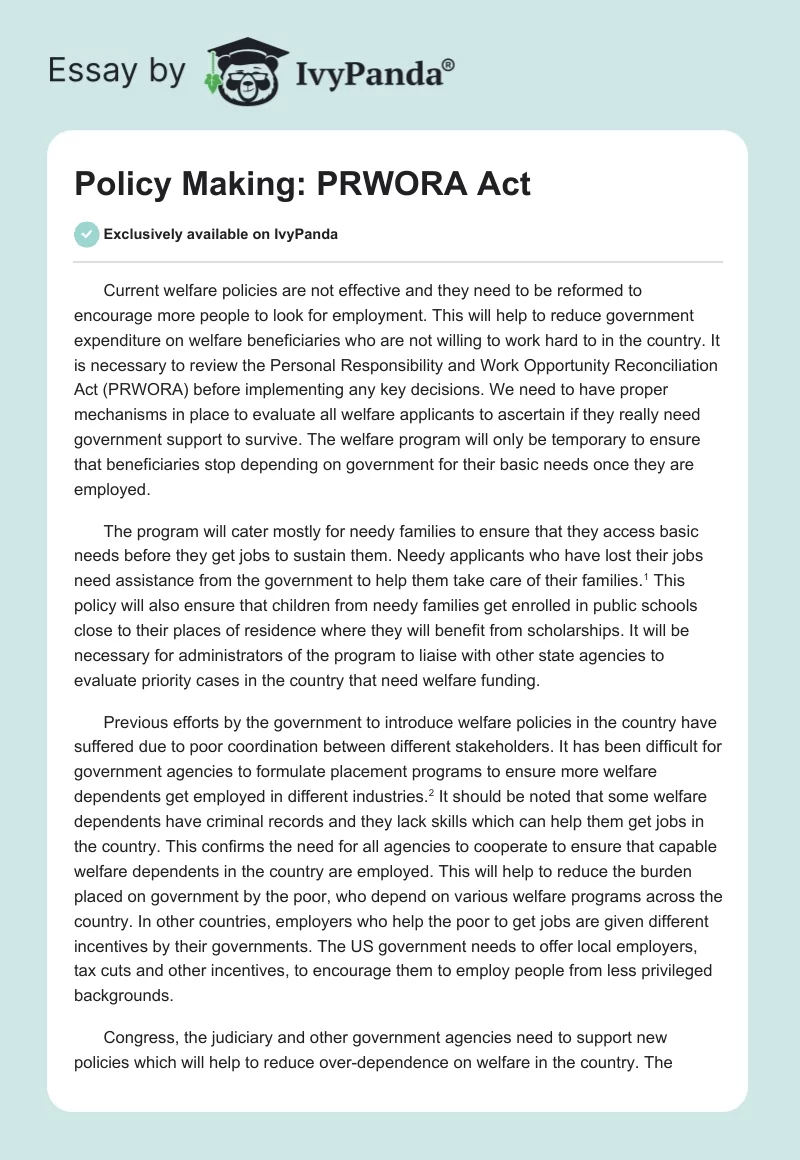 Policy Making: PRWORA Act. Page 1