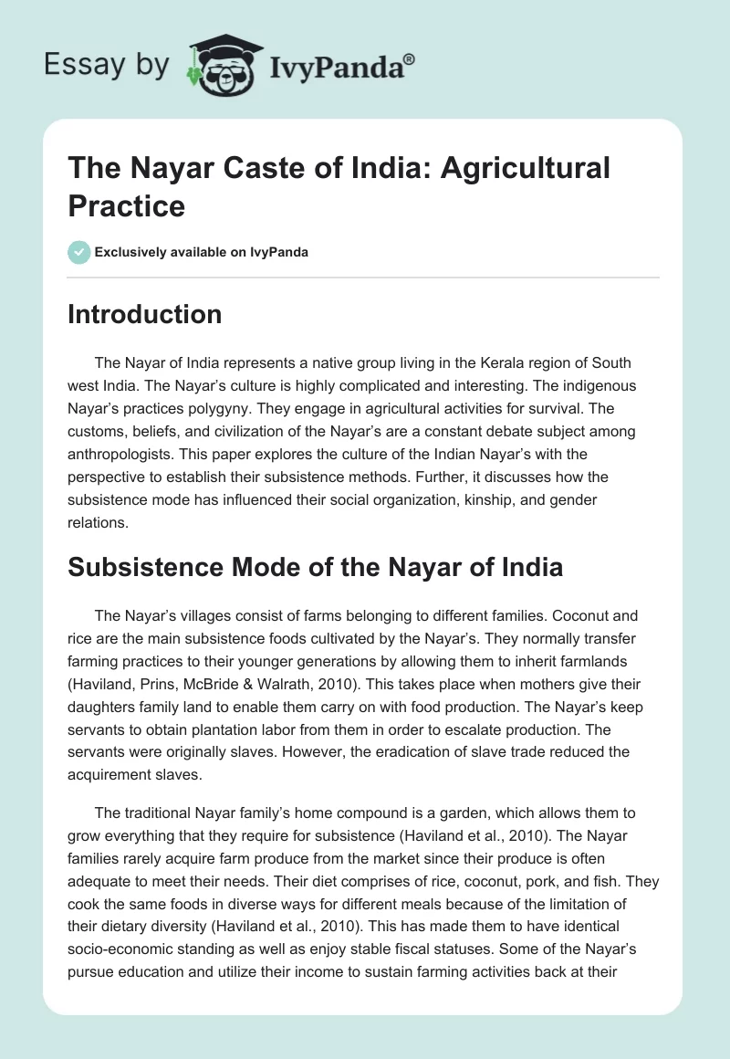 The Nayar Caste of India: Agricultural Practice. Page 1