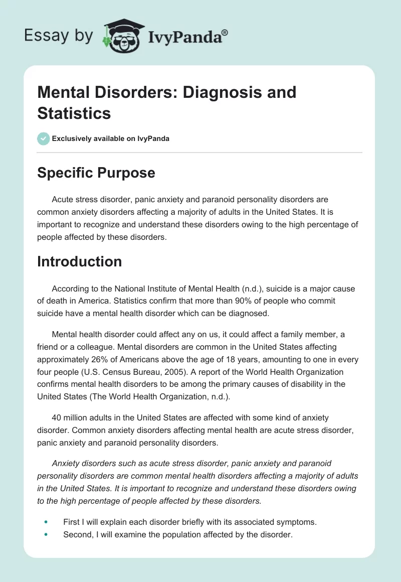 Mental Disorders: Diagnosis and Statistics. Page 1
