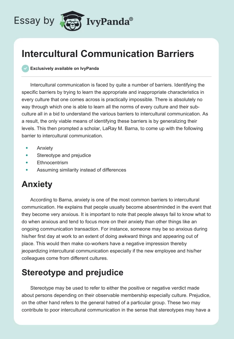 Intercultural Communication Barriers. Page 1