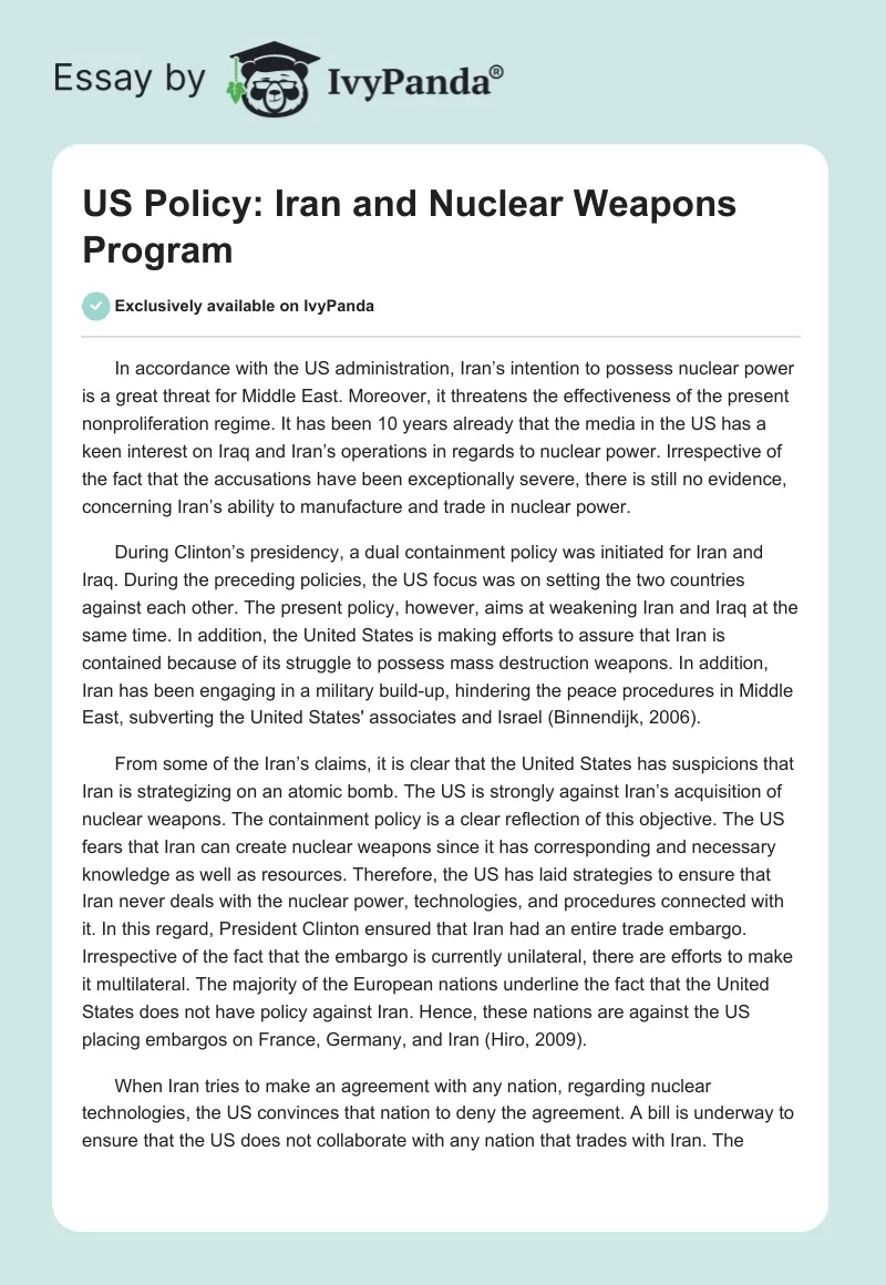 US Policy: Iran and Nuclear Weapons Program. Page 1