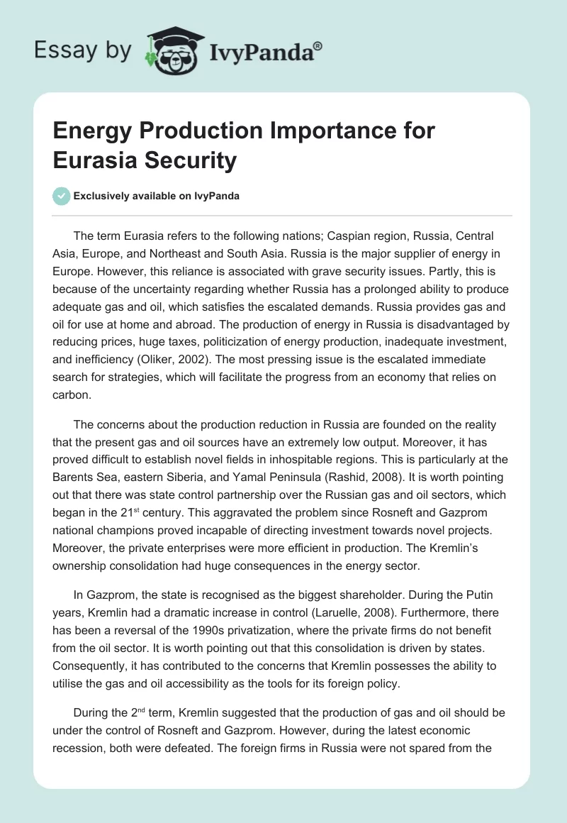 Energy Production Importance for Eurasia Security. Page 1
