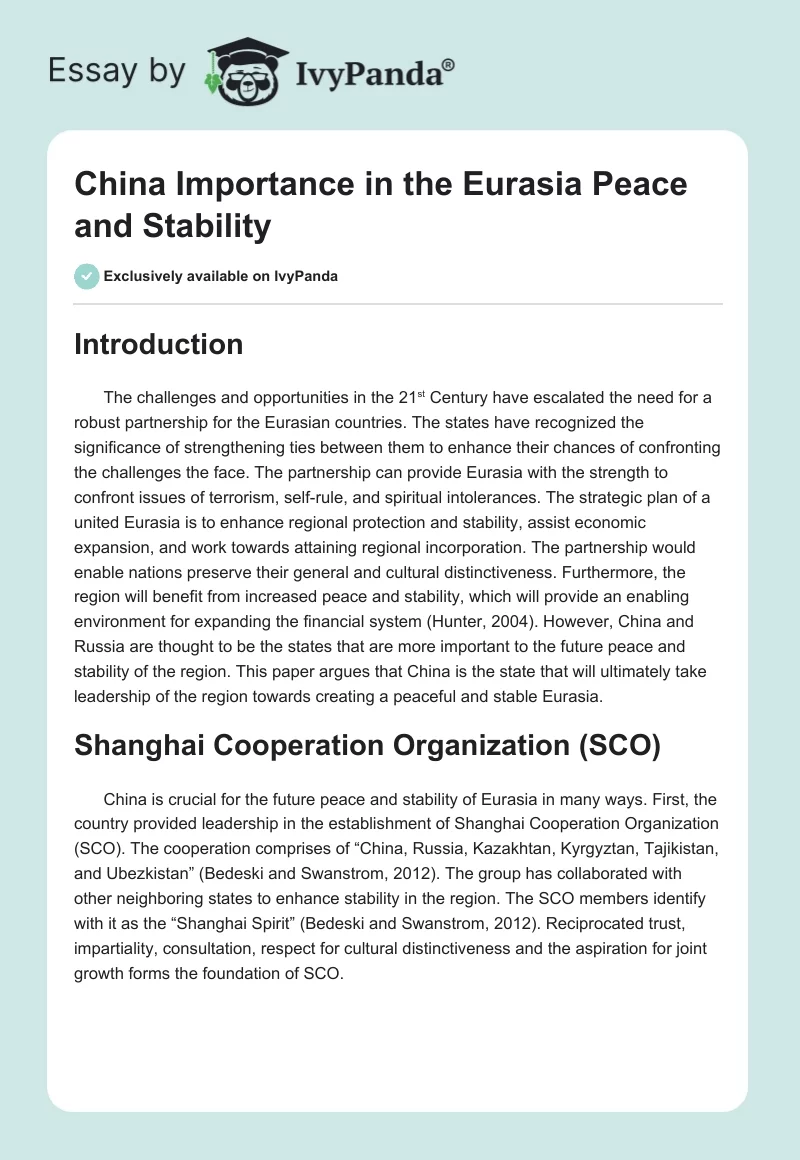 China Importance in the Eurasia Peace and Stability. Page 1