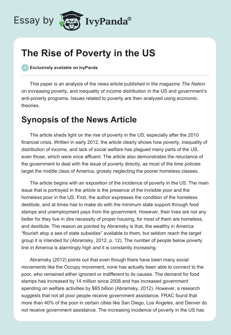 The Rise of Poverty in the US. Page 1