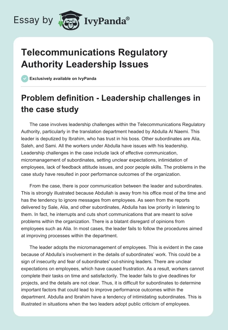Telecommunications Regulatory Authority Leadership Issues. Page 1