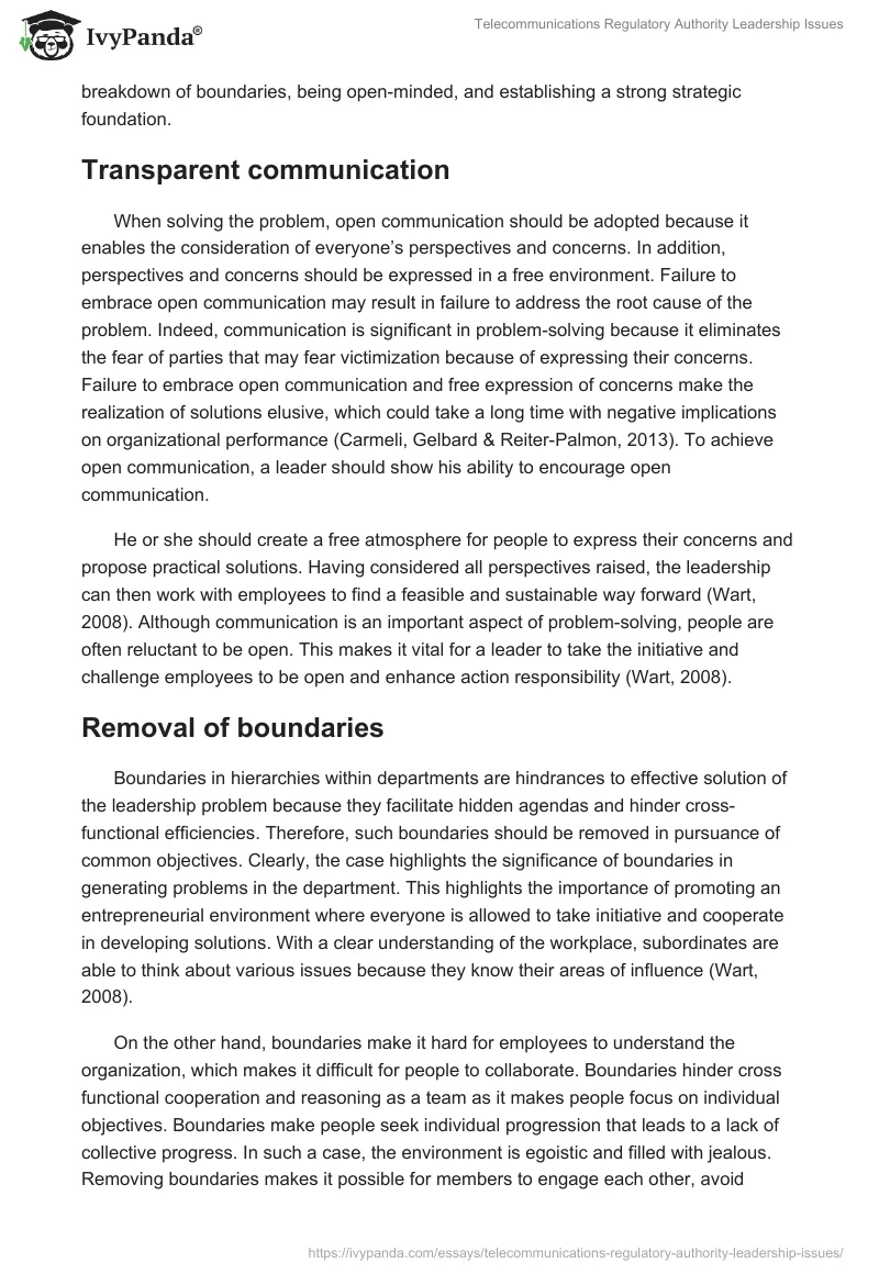 Telecommunications Regulatory Authority Leadership Issues. Page 4