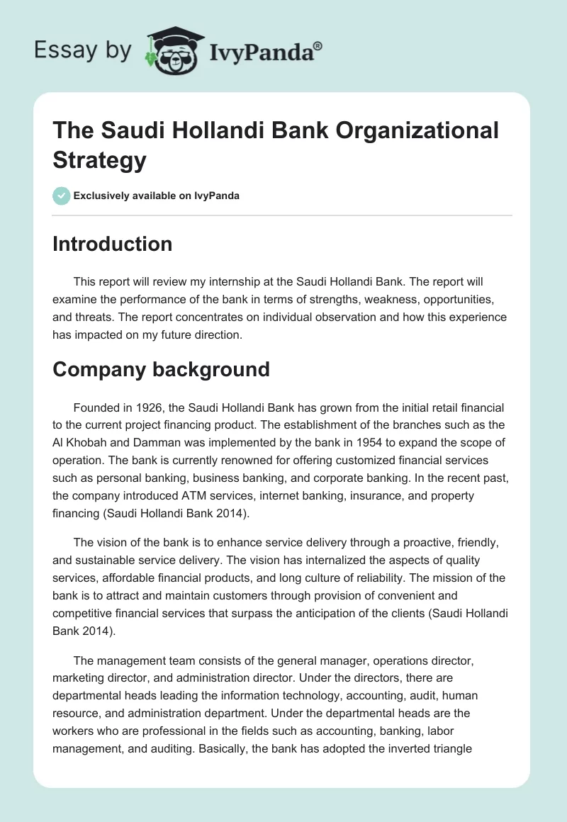 The Saudi Hollandi Bank Organizational Strategy. Page 1