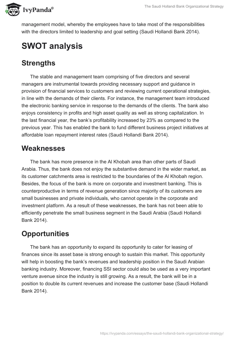 The Saudi Hollandi Bank Organizational Strategy. Page 2