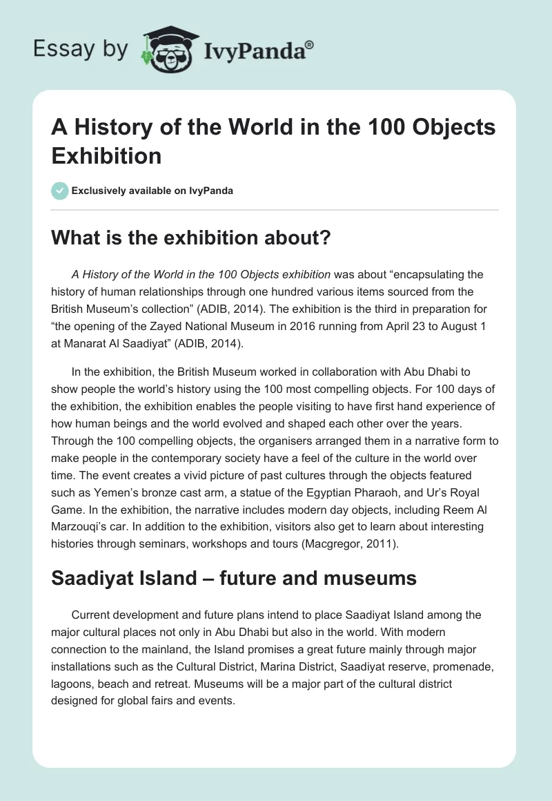 A History of the World in the 100 Objects Exhibition. Page 1