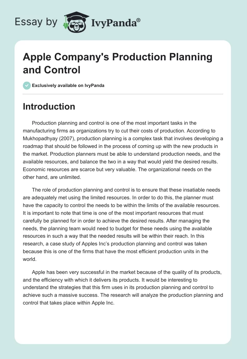 Apple Company's Production Planning and Control. Page 1
