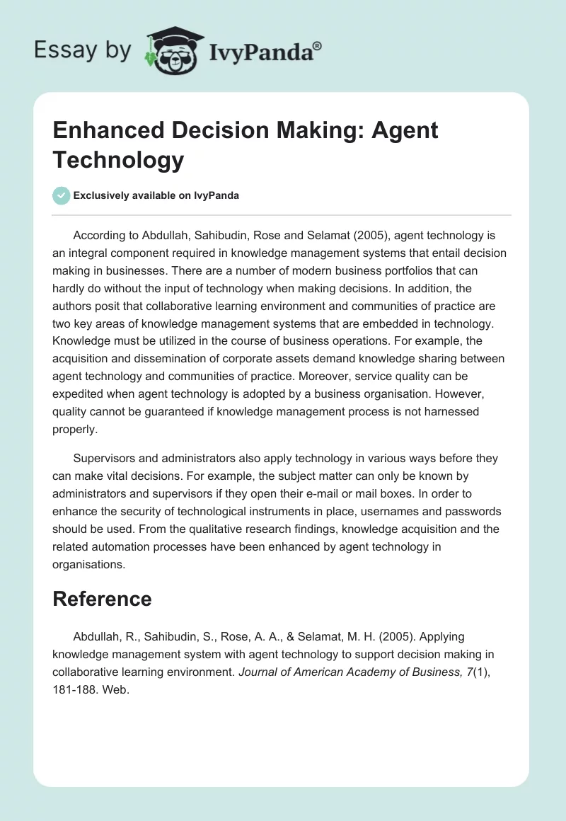 Enhanced Decision Making: Agent Technology. Page 1