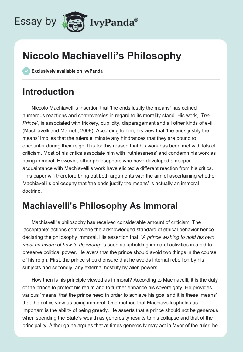 Niccolo Machiavelli’s Philosophy. Page 1