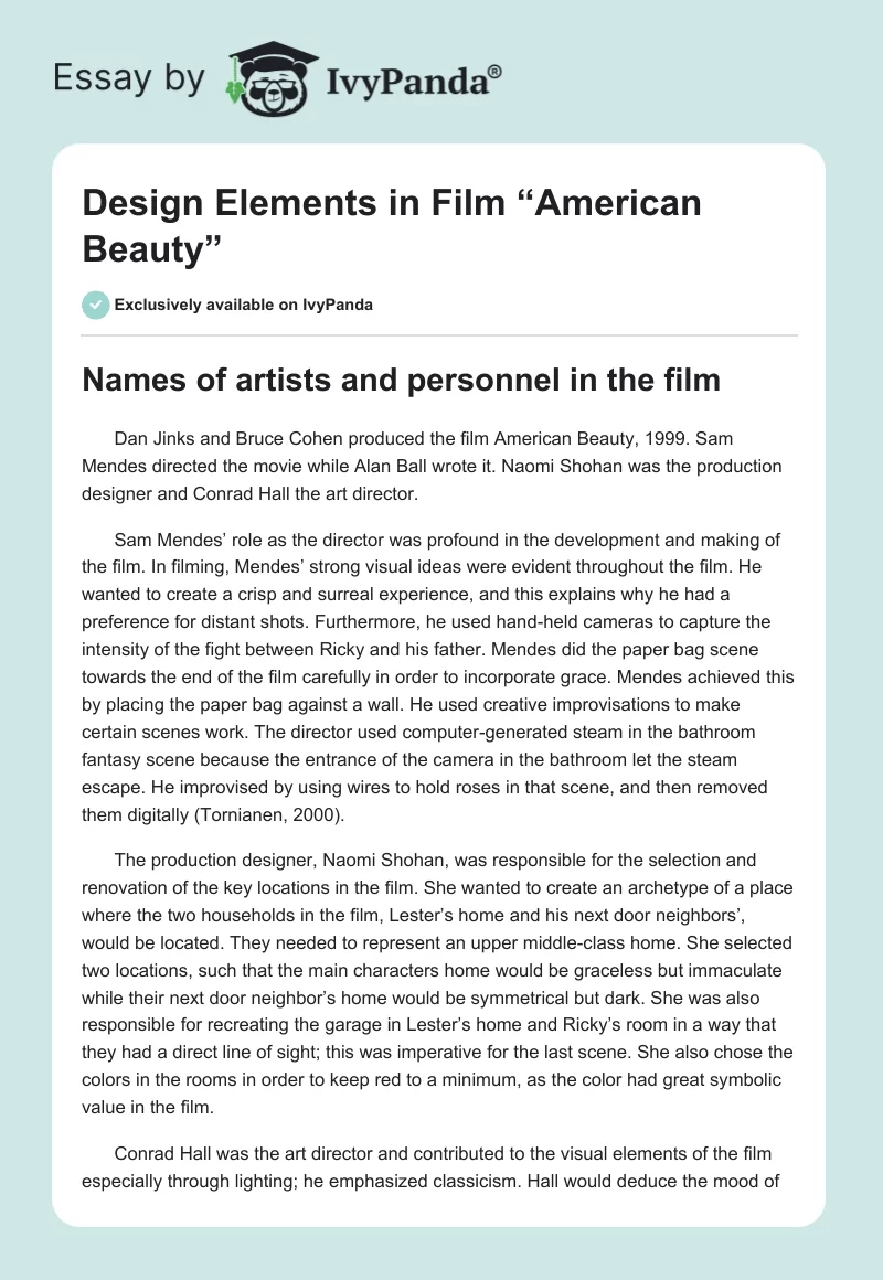 Design Elements in Film “American Beauty”. Page 1