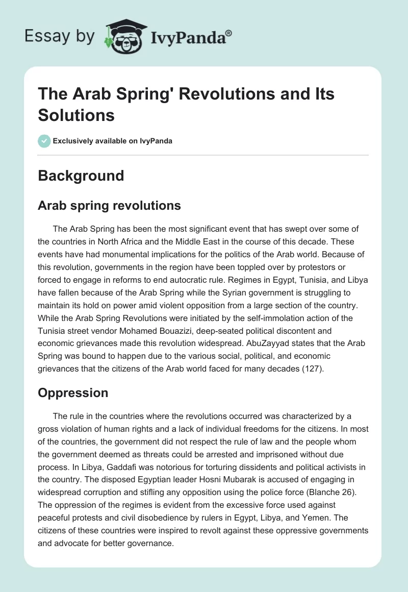 The Arab Spring' Revolutions and Its Solutions. Page 1