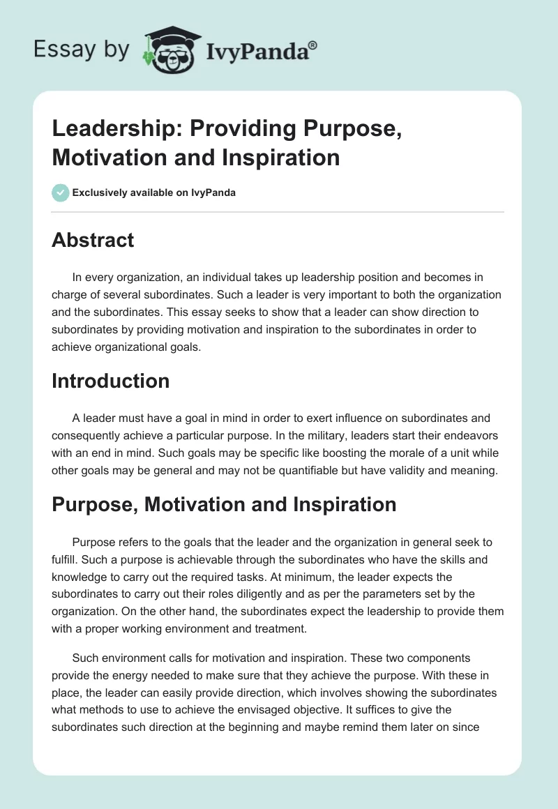 Leadership: Providing Purpose, Motivation and Inspiration. Page 1