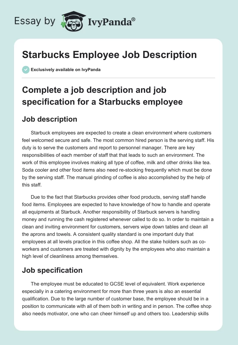 Starbucks Employee Job Description. Page 1